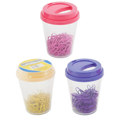 PAPER CLIPS 100CT IN PLASTIC CUP 3AST CLRS 3X3.8IN SHRINK/LABEL PURPLE/PINK/YELLOW