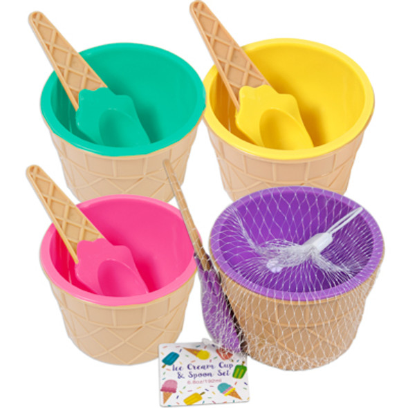 ICE CREAM CUP & SPOON SET 4 AST SUMMER BRITES 3.74DIA X 2.6H 6.8 OZ NET BAG W/HANGTAG ICE CREAM CUP & SPOON SET 4 AST SUMMER BRITES 3.74DIA X 2.6H 6.8 OZ NET BAG W/HANGTAG