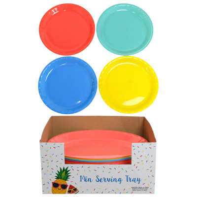 SERVING PLATTER 14IN ROUND 4ASST SUMMER COLORS IN 48PC PDQ UPC LABEL