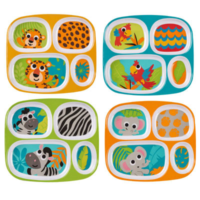 DINNERWARE KIDS 4 SECTION PLATE 48PC PDQ 4 ASST JUNGLE ANIMAL ELEPHANT/ZEBRA/PARROT/LEOPARD