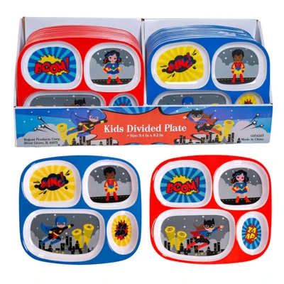 DINNERWARE KIDS MELAMINE 4-SECTION PLATE SUPERHERO 2AST/48PC PDQ 9.5 X 8.5IN