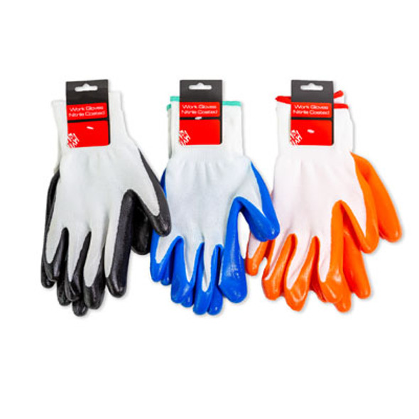 GLOVES WORK NITRILE COATED WHITE W/ORNG/BLACK/BLUE COLORS GLOVES WORK NITRILE COATED WHITE W/ORNG/BLACK/BLUE COLORS