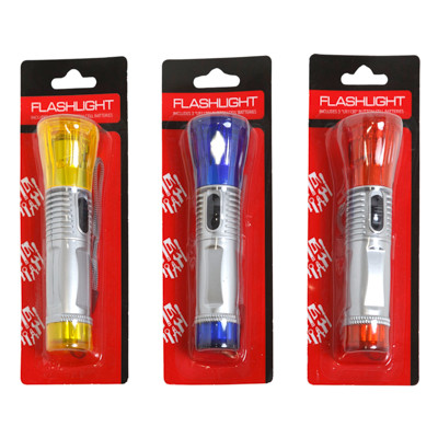 FLASHLIGHT LED 4.5IN W/WRIST-STRAP SILVER W/3AST COLOR HEAD &END/HARDWARE BLISTER CARD