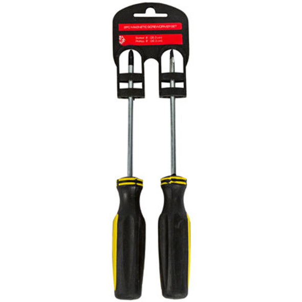 SCREWDRIVER SET 2PK 8IN MAGNETIC FLAT/PHILLIPS BLK/YLW HANDLE HARDWARE PLASTIC HANDLE