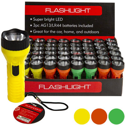 FLASHLIGHT LED 48-PC 3-ASSORTED COLORS 4-IN 3XAG13 BATTERIES INCLUDED COUNTER DISPLAY