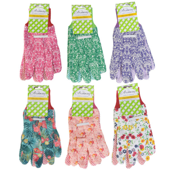 GARDEN GLOVES LADIES POLY W/PVC DOT PALM 6ASST PRINTS/L&G TCD GARDEN GLOVES LADIES POLY W/PVC DOT PALM 6ASST PRINTS/L&G TCD