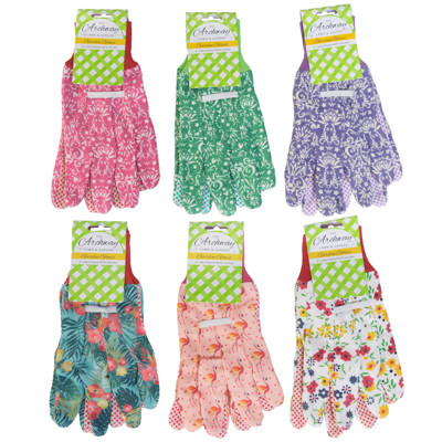 GARDEN GLOVES LADIES POLY W/PVC DOT PALM 6ASST PRINTS/L&G TCD