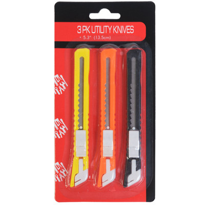 UTILITY KNIFE 3PK W/SNAP OFF BLADE 5.3IN 3 COLORS PER PACK HARDWARE BLISTER CARD