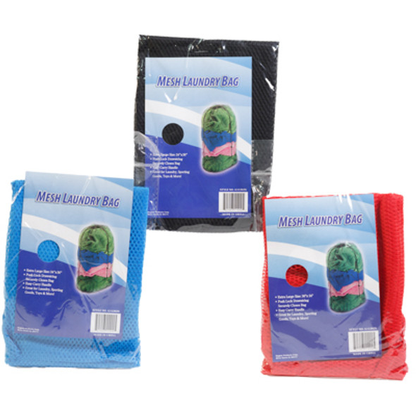 LAUNDRY BAG MESH W/DRAWSTRING 24X36 3ASST COLORS/CLEANING PB INSERT/BLACK-BLUE-RED