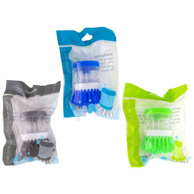 SOAP DISPENSING PALM BRUSH 3AST COLORS/COLOR BAG