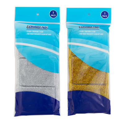 SCRUBBER PADS 3PK SILVER/GOLD CLEANING OPP COLOR BAG 3.5 X 5IN SPONGE SIZE