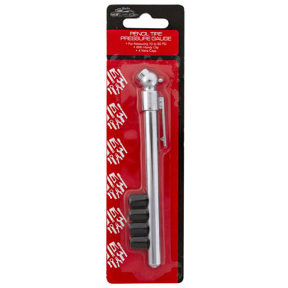 TIRE PRESSURE GAUGE PENCIL TYPE W/4 BONUS VALVE CAPS HARDWARE BLISTER