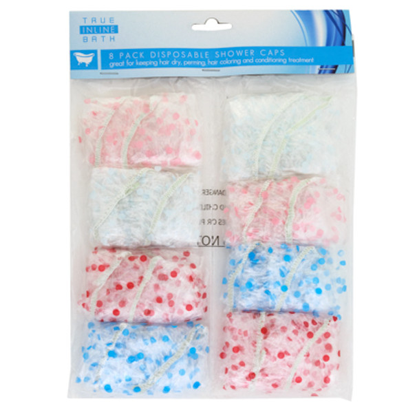 SHOWER CAP 8PK DISPOSABLE PRINTED 4ASST COLOR/HBA PBH SHOWER CAP 8PK DISPOSABLE PRINTED 4ASST COLOR/HBA PBH
