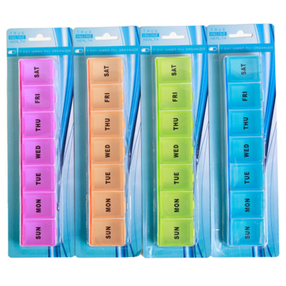 PILL ORGANIZER LARGE WEEKLY 9X2X1 4 COLORS PLASTIC HBA BLISTERCARD PILL ORGANIZER LARGE WEEKLY 9X2X1 4 COLORS PLASTIC HBA BLISTERCARD