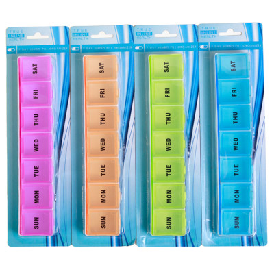 PILL ORGANIZER LARGE WEEKLY 9X2X1 4 COLORS PLASTIC HBA BLISTERCARD
