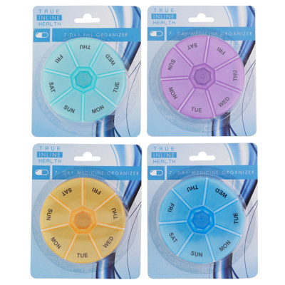 PILL ORGANIZER ROUND 7-DAY 3.5IN DIA COMPACT 4AST COLORS HBA BLSTR