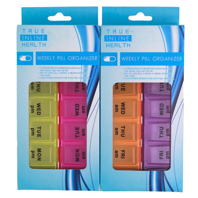 PILL ORGANIZER WEEKLY AM/PM 2AST COLORS IN HBA WINDOW BOX