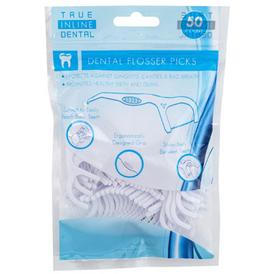 DENTAL FLOSSER PICKS 50 CT WHITE RESEALABLE PRTD/PB