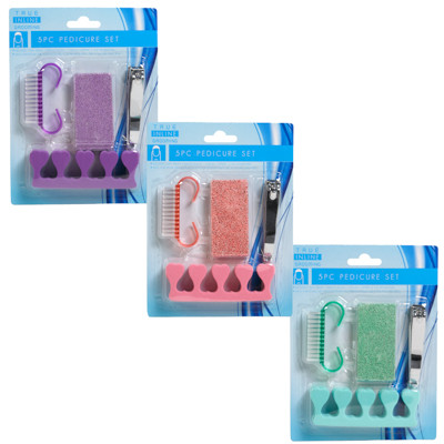 PEDICURE SET 5PC 3AST COLORS PUMICE/CLIP/BRUSH/SEPERATORS HBA BLC