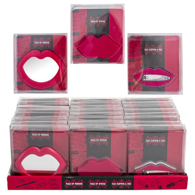 BEAUTY COMBO LIP SHAPE 3ASST SPONGE/CLIP&FILE/MIRROR 24PC PDQ/PVC BOX W/INSERT COSMTC ART