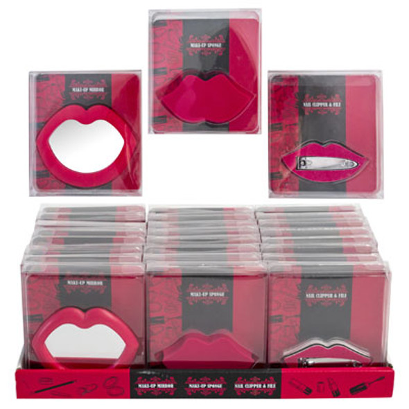 BEAUTY COMBO LIP SHAPE 3ASST SPONGE/CLIP&FILE/MIRROR 24PC PDQ/PVC BOX W/INSERT COSMTC ART