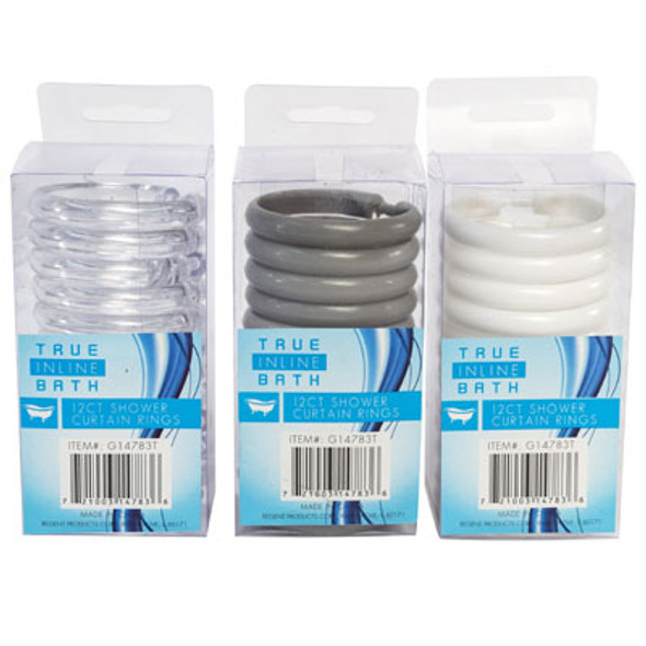 SHOWER CURTAIN RINGS 12CT PLASTIC WHITE/GREY/CLEAR PEGGABLE PVC BOX W/LABEL