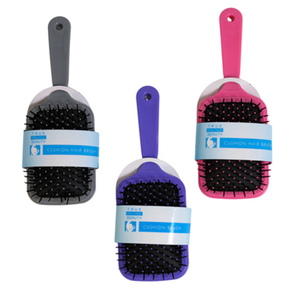 HAIR BRUSH PADDLE CUSHION 3 ASST COLORS  3.35X9.45IN SLEEVE CARD