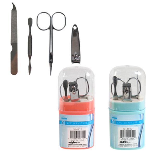 MANICURE SET 4PC WITH PLASTIC CASE SCISSOR/CLIPPER/FILE/PUSHER 4AST CLRS HBA LABEL