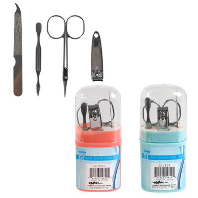 MANICURE SET 4PC WITH PLASTIC CASE SCISSOR/CLIPPER/FILE/PUSHER 4AST CLRS HBA LABEL