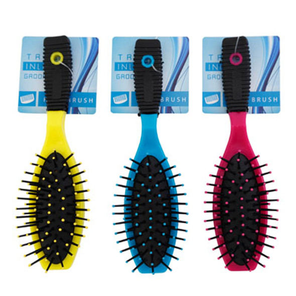 HAIR BRUSH W/GRIP HANDLE 3AST 6.85IN BLUE/PINK/YELLOW HBA HT