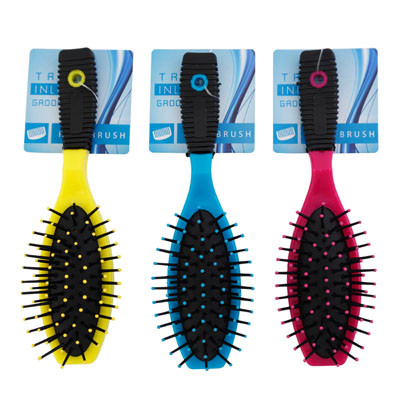 HAIR BRUSH W/GRIP HANDLE 3AST 6.85IN BLUE/PINK/YELLOW HBA HT