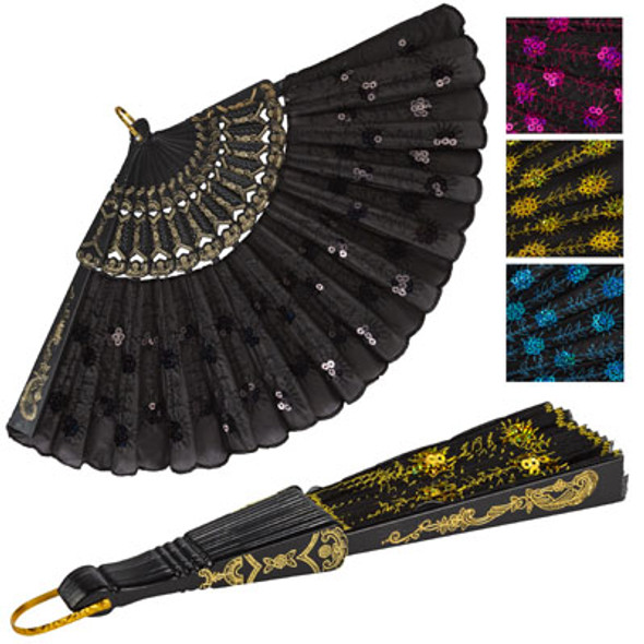 HAND FAN FOLDING FABRIC 9IN 5AST COLORS W/SEQUINS HDR CARD HAND FAN FOLDING FABRIC 9IN 5AST COLORS W/SEQUINS HDR CARD