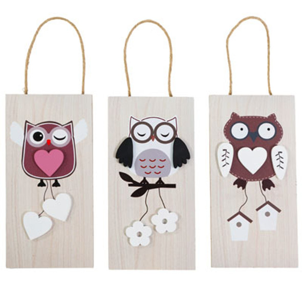 WALL PLAQUE OWL 3AST MDF W/3D MDF ICONS 3.94 X 7.87INUPC/MDF COMPLY LABEL
