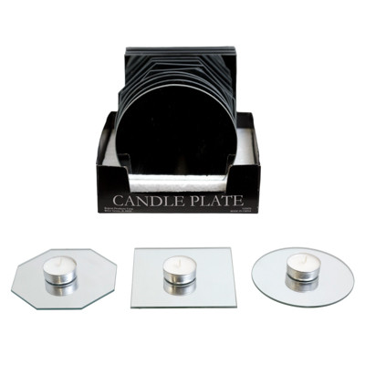 CANDLE PLATE MIRROR 4.5IN ROUND/SQUARE/OCTAGONAL 12PC PDQ UPC LABEL