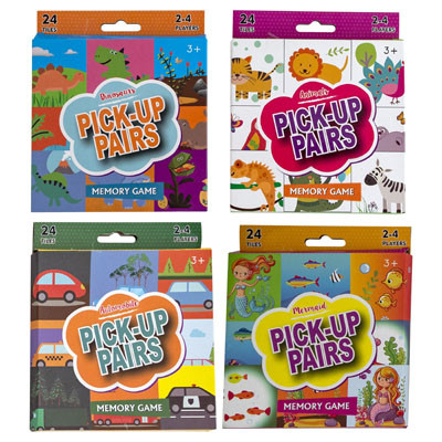 GAME MEMORY MATCH PICKUP PAIRS 4AST MERMAID/DINO/CARS/ANIMAL COLOR BOXED/MDSG STRIP
