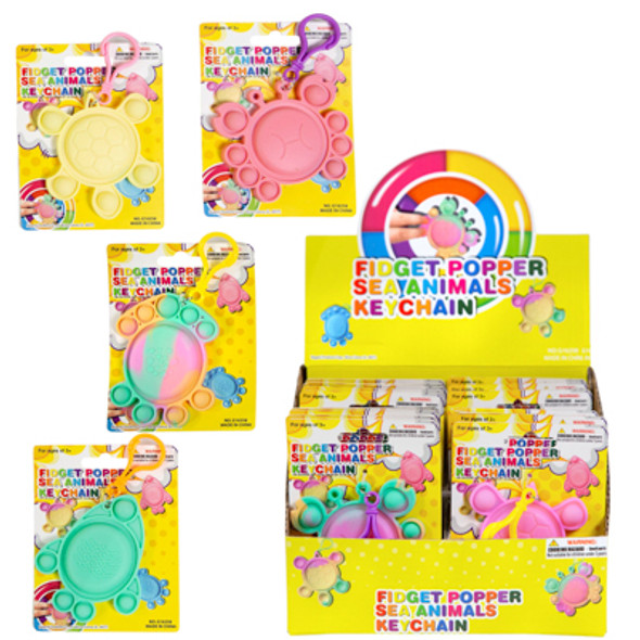 FIDGET POPPER SEA ANIMALS 4-ASSORTED KEYCHAIN RAINBOW/SOLID COLORS/TIE ON CARD 24-PC COUNTER DISPLAY