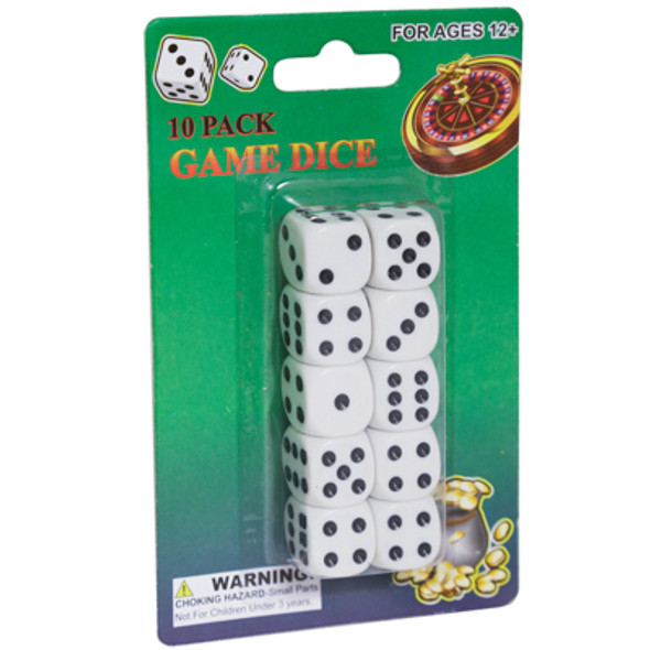 GAME DICE 10PK WHITE 16MM BLISTER CARD MERCH STRIP INCLUDED