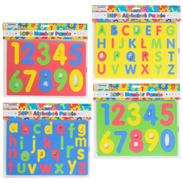 FOAM PUZZLE ALPHABET & NUMBERS 3AST STYLES X 4 BRIGHT COLORS BLUE/GREEN/YELLOW/RED PBH