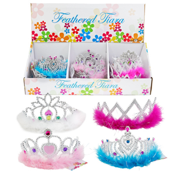 TIARA W/FEATHER TRIM 48PC PDQ 4AST DESIGNS/COLORS W/GEMSTONE LOOK/HANGTAG