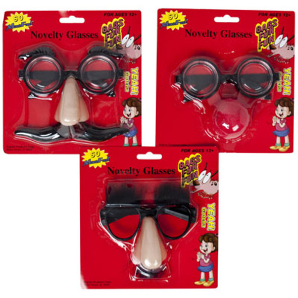 NOVELTY GLASSES W/ATTACHED BROWS/MUSTACHE OR CLOWN NOSE 3ASST BLSTR CARD