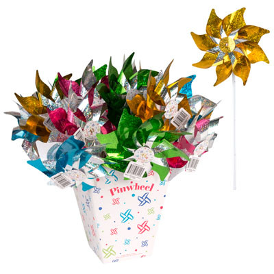 PINWHEEL PLASTIC  4-ASSORTED HOLOGRAPHIC COLORS 16.75-IN HT/KD YELLOW, PINK, GREEN & TURQUOISE