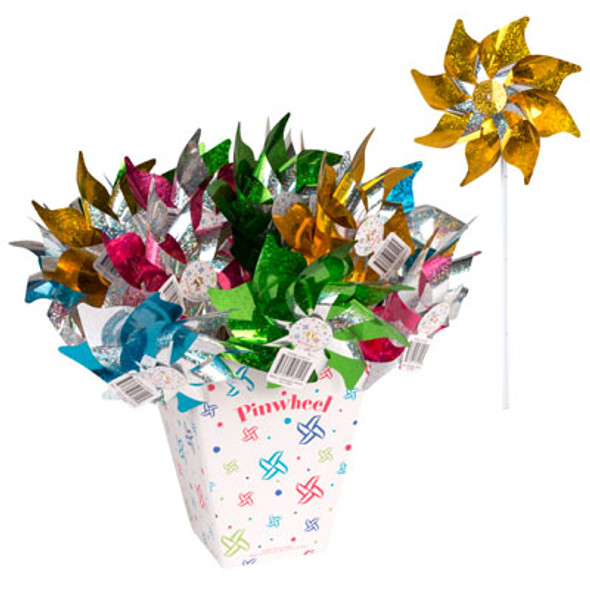 PINWHEEL PLASTIC  4-ASSORTED HOLOGRAPHIC COLORS 16.75-IN HT/KD YELLOW, PINK, GREEN & TURQUOISE