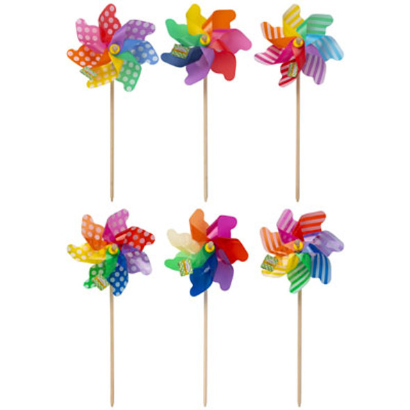 PINWHEEL YARD STAKE JUMBO 6AST SPRING PRINT TRANS/SOLID 29IN/74CMH DIA-12INW/WOOD DOWEL STICK/GARDEN HT