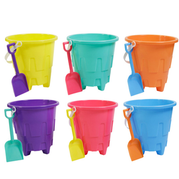 SAND BUCKET PLASTIC 8IN W/SHOVEL6AST SOLID COLORS/HT