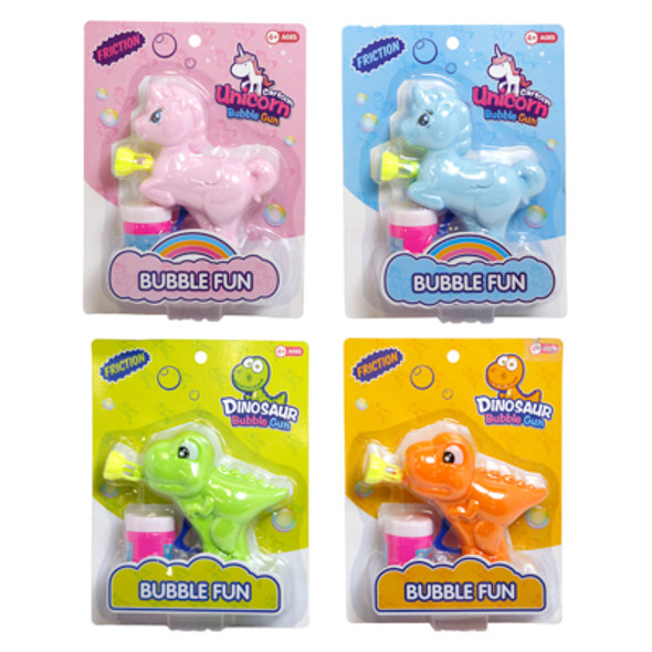 BUBBLE GUN FRICTION POWERED UNICORN/DINOSAUR 2 COLORS EACH STYLE BLC INCLUDES 1.6 OZ BUBBLE SOLUTION