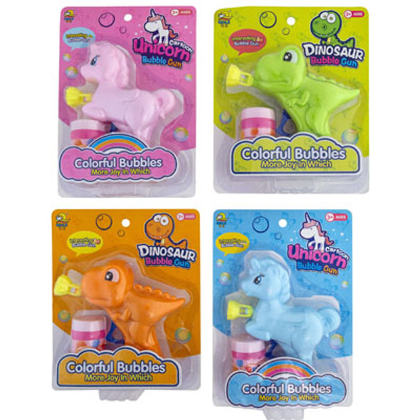BUBBLE GUN FRICTION POWERED UNICORN/DINOSAUR 2 COLORS EACH STYLE BLC INCLUDES 1.6 OZ BUBBLE SOLUTION