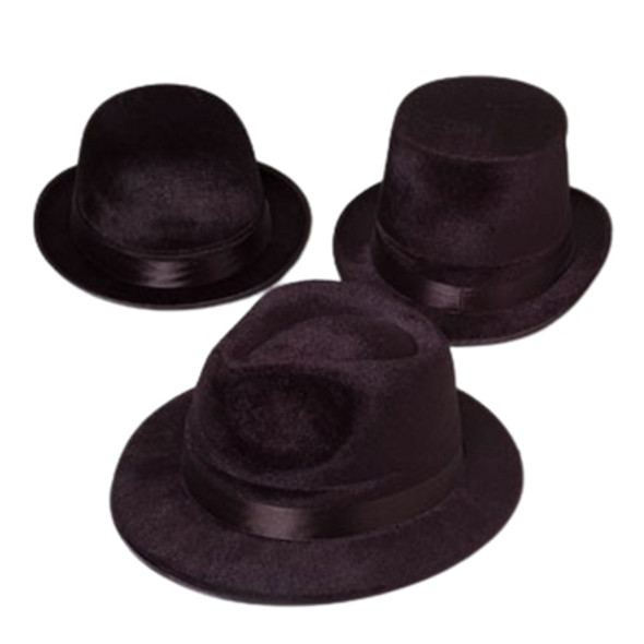 HAT BLACK FLOCKED 3AST GANGSTER/CLOWN/TOPHAT W/SATIN RIBBON HT