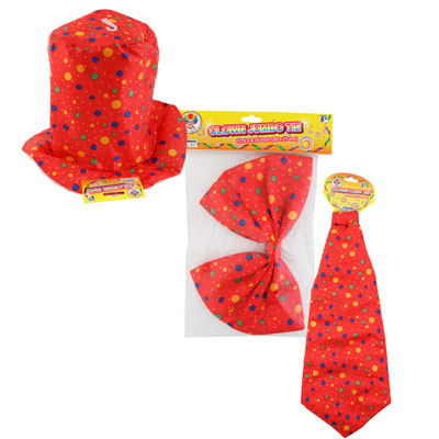 CLOWN COSTUME DRESS-UP ACCESSORIES 3 STYLES JUMBO HAT/BOW/TIE RED W/MULTI COLOR DOTS