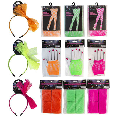 COSTUME PARTY NEON 80S/12ASST BOW HEADBAND/SWEATBAND/FISHNET GLOVES AND STOCKINGS EA IN 3 COLORS ADULT SIZE