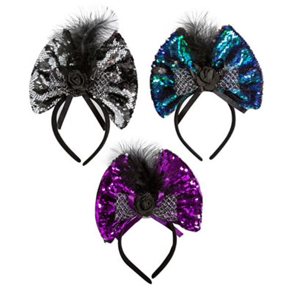 HEADBAND FLAPPER SEQUIN W/ROSE FEATHER 3AST PURPLE/BLUE/SILVER HEADER CARD